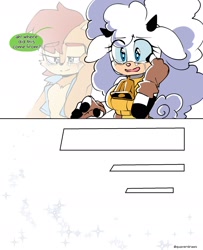 Size: 1449x1782 | Tagged: safe, artist:quaverdraws, lanolin the sheep, sally acorn, chipmunk, sheep, 2025, comic, crying, dialogue, duo, english text, female, sally's vest and boots, sitting, smile, solo focus, sparkles, speech bubble, tears, tears of happiness