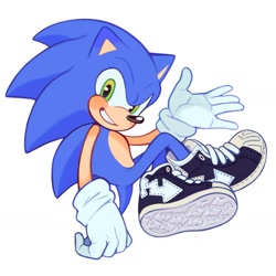 Size: 1323x1323 | Tagged: safe, artist:mossan315, sonic the hedgehog, 2022, alternate outfit, alternate shoes, grin, looking at viewer, simple background, smile, solo, white background