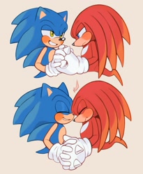 Size: 1531x1870 | Tagged: safe, artist:mossan315, knuckles the echidna, sonic the hedgehog, 2022, blushing, brown background, duo, eyes closed, gay, holding hands, knuxonic, lidded eyes, looking at each other, looking at them, shipping, simple background, smile