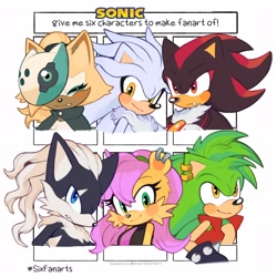 Size: 2048x2048 | Tagged: safe, artist:mossan315, infinite the jackal, mina mongoose, shadow the hedgehog, silver the hedgehog, whisper the wolf, 2022, eyes closed, group, looking at viewer, manic the hedgehog, multiple drawing challenge, simple background, six fanarts, smile, white background