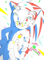 Size: 740x1000 | Tagged: safe, artist:umerouge, robotnik, sonic the hedgehog, 2025, birthday, cosplay, english text, glasses, goggles, goggles on head, happy birthday, looking at viewer, simple background, solo, standing, white background