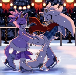Size: 2499x2448 | Tagged: safe, artist:mscreepyplaguedoctor, blaze the cat, silver the hedgehog, cat, hedgehog, 2023, clothes, duo, female, happy, male, nighttime, shipping, silvaze, skating, snowing, straight, winter, winter outfit