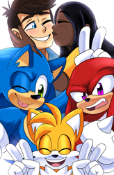 Size: 1948x2964 | Tagged: safe, artist:mscreepyplaguedoctor, knuckles the echidna, maddie wachowski, miles "tails" prower, sonic the hedgehog, tom wachowski, echidna, fox, hedgehog, human, 2022, female, group, kiss, kiss on cheek, male, photo, simple background, v sign