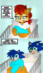 Size: 2214x3718 | Tagged: safe, artist:nerdy-boi-mochi-1998, manik acorn, sally acorn, sonic the hedgehog, chipmunk, hedgehog, 2024, baby, bed, blanket, carrying them, comic, dialogue, english text, female, hospital, hospital bed, male, meme, nine months in my womb, pillow, sally x sonic, shipping, smile, speech bubble, straight, trio
