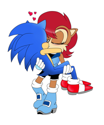 Size: 2500x3000 | Tagged: safe, artist:classicsonicsatam, sally acorn, sonic the hedgehog, chipmunk, hedgehog, 2024, carrying them, duo, female, heart, kiss, male, sally x sonic, sally's ringblader outfit, shipping, simple background, straight
