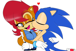 Size: 3000x2000 | Tagged: safe, artist:classicsonicsatam, sally acorn, sonic the hedgehog, chipmunk, hedgehog, 2024, duo, female, hearr, heart, kiss, male, sally x sonic, sally's ringblader outfit, shipping, simple background, straight