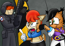Size: 4960x3508 | Tagged: safe, artist:skippy-008, nicole the hololynx, sally acorn, chipmunk, human, lynx, 2025, alternate universe, argument, au:sonic freedom files, carrying something, female, g.u.n logo, g.u.n soldier, g.u.n., gun, hololynx, male, rifle, sally's ringblader outfit, trio, weapon