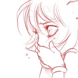 Size: 400x400 | Tagged: safe, artist:crumpet, amy rose, 2006, covering mouth, crying, line art, looking offscreen, monochrome, shocked, simple background, sketch, solo, tears, tears of shock, white background