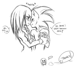 Size: 700x620 | Tagged: safe, artist:crumpet, knuckles the echidna, sonic the hedgehog, 2006, blushing, chaos emerald, dialogue, duo, english text, faic, gay, holding hands, holding something, knuxonic, line art, monochrome, nuzzle, shipping, simple background, sketch, speech bubble, text, white background