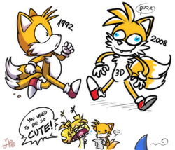 Size: 688x590 | Tagged: safe, artist:vaporotem, miles "tails" prower, oc, ..., 2008, classic tails, comparison, dialogue, durr, english text, faic, fangs, holding something, mouth open, script, shouting, simple background, smile, trio, white background