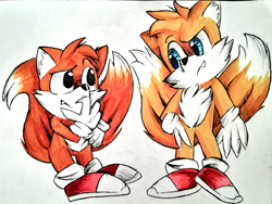 Size: 3080x2316 | Tagged: safe, artist:metr0nix727, miles "tails" prower, 2019, classic tails, duo, frown, looking at each other, one fang, self paradox, simple background, standing, white background