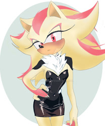 Size: 900x1080 | Tagged: safe, artist:ashura-ou, shadow the hedgehog, super shadow, 2025, blushing, bodysuit, chest fluff, claws, deviantart watermark, eyelashes, frown, gender swap, gloves off, hand on hip, lidded eyes, looking at viewer, obtrusive watermark, solo, standing, super form, watermark