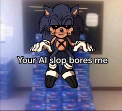 Size: 1920x1756 | Tagged: safe, artist:rechikorz, sonic the hedgehog, oc, oc:lord x, oc:sonic.exe, 2026, black sclera, black shoes, bleeding, bleeding from eyes, blood, english text, frown, looking at viewer, meme, photographic background, scar, sitting, solo, text, unamused