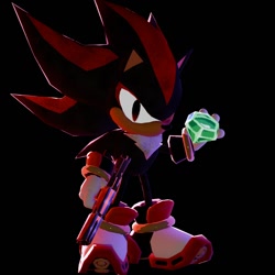 Size: 1080x1080 | Tagged: safe, artist:thetruemarzipan, shadow the hedgehog, 2026, 3d, alternate universe, au:outcome memories, black background, chaos emerald, gun, holding something, looking at viewer, low poly, simple background, solo