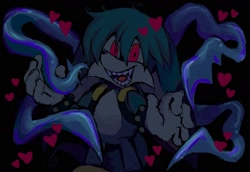 Size: 1583x1088 | Tagged: safe, artist:bobbutterbutt, kit the fennec, 2026, adorascary, black background, dark, heart, hydrokinesis, looking at viewer, mouth open, open smile, sharp teeth, simple background, smile, solo, standing, tentacle, water