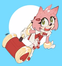 Size: 2035x2160 | Tagged: safe, artist:w1kate, amy rose, 2024, bow, clothes, eyelashes, hair clip, holding something, looking at viewer, mouth open, open smile, pants, piko piko hammer, redesign, shirt, signature, smile, solo, words on a shirt