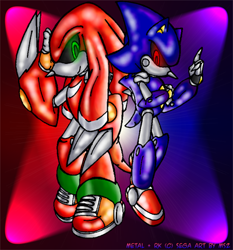 Size: 400x430 | Tagged: safe, artist:sasmetalla2, metal sonic, 2003, back to back, black sclera, duo, glowing eyes, looking at viewer, metal knuckles, robot, smile, standing
