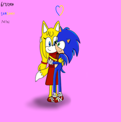 Size: 1480x1484 | Tagged: safe, artist:sonic545478, sonic the hedgehog, zooey the fox, fox, hedgehog, 2020, age difference, duo, heart, hugging, looking at each other, purple background, ship name, shipping, simple background, smile, sonic boom (tv), sonic x zooey, standing, straight, text