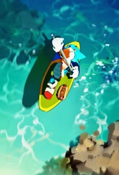 Size: 1393x2048 | Tagged: safe, artist:afajiao, sonic the hedgehog, 2026, chili dog, daytime, food, from above, holding something, lying back, lying down, outdoors, solo, water