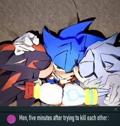 Size: 1950x2048 | Tagged: safe, artist:afajiao, shadow the hedgehog, silver the hedgehog, sonic the hedgehog, 2026, english text, eyes closed, fistbump, gay, hand on another's head, kiss, kiss on cheek, polyamory, shadow x silver x sonic, shadow x sonic, shipping, silver, silver x sonic, smile, sonadilver, sonic, trio
