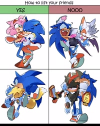 Size: 1642x2048 | Tagged: suggestive, artist:afajiao, amy rose, miles "tails" prower, rouge the bat, shadow the hedgehog, sonic the hedgehog, 2026, butt, carrying them, cute, english text, eyes closed, group, mouth open, simple background, smile, white background