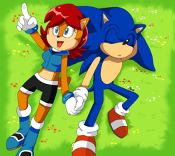 Size: 1000x890 | Tagged: safe, artist:angiethecat, sally acorn, sonic the hedgehog, chipmunk, hedgehog, 2014, daytime, duo, female, grass, holding hands, lying down, male, pointing, sally x sonic, sally's ringblader outfit, shipping, sleeping, straight