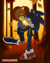 Size: 1024x1280 | Tagged: safe, artist:lilyandjasper, sally acorn, sonic the hedgehog, chipmunk, hedgehog, 2019, autumn, duo, falling leaf, female, leaf, looking at each other, male, plant, sally x sonic, sally's ringblader outfit, shipping, sparkles, straight, tree