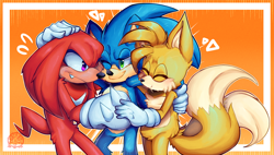 Size: 1518x862 | Tagged: safe, artist:numypome2, knuckles the echidna, miles "tails" prower, sonic the hedgehog, echidna, fox, hedgehog, sonic the hedgehog 2 (2022), 2022, cute, ear fluff, eyes closed, group hug, holding hands, hugging, leg fluff, male, one eye closed, one fang, outline, smile, standing, team sonic, trio