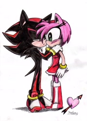 Size: 2441x3414 | Tagged: safe, artist:rachlovedraw, amy rose, shadow the hedgehog, hedgehog, 2008, age difference, amy x shadow, arrow (weapon), arrow through heart, blushing, duo, female, heart, hugging, lidded eyes, male, shipping, standing, straight, traditional media