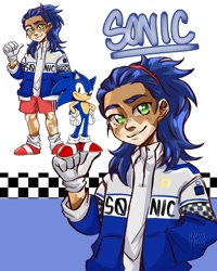 Size: 1080x1350 | Tagged: safe, artist:naylissah, sonic the hedgehog, human, character name, hand in pocket, humanized, looking at viewer, reference inset, smile, solo, species swap, text, vitiligo