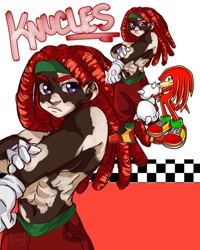 Size: 1080x1350 | Tagged: safe, artist:naylissah, knuckles the echidna, human, 2023, abs, belly button, character name, dark skin, eyelashes, frown, humanized, looking at viewer, reference inset, solo, species swap, standing, stretching, text, topless, vitiligo