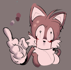 Size: 696x684 | Tagged: safe, artist:waykend1, miles "tails" prower, oc, oc:2012y, oc:tails.exe, 2025, bleeding, bleeding from eyes, blood, color guide, grey background, hand on hip, looking offscreen, pointing, shrunken pupils, simple background, smile, solo