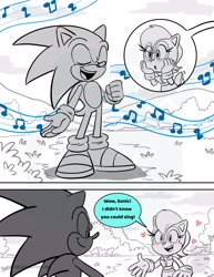 Size: 2550x3300 | Tagged: safe, artist:twincubcakes, sally acorn, sonic the hedgehog, chipmunk, hedgehog, 2025, blushing, comic, daytime, dialogue, duo, english text, female, greyscale, heart, male, musical notes, sally x sonic, sally's ringblader outfit, shipping, singing, speech bubble, straight, watermark