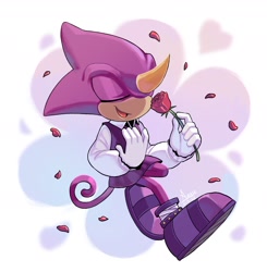 Size: 1770x1803 | Tagged: safe, artist:angiethecat, espio the chameleon, the murder of sonic the hedgehog, 2023, abstract background, chameleon, flower, holding something, male, rose, solo