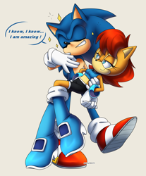 Size: 1332x1611 | Tagged: safe, artist:risziarts, sally acorn, sonic the hedgehog, chipmunk, hedgehog, 2021, dialogue, duo, english text, female, holding them, male, sally x sonic, sally's ringblader outfit, shipping, simple background, sparkles, speech bubble, straight