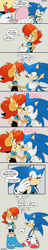 Size: 1023x5380 | Tagged: safe, artist:risziarts, sally acorn, sonic the hedgehog, chipmunk, hedgehog, 2023, comic, dialogue, duo, english text, female, holding something, kiss, kiss marks, lipstick, makeup, male, mirror, sally x sonic, sally's ringblader outfit, shipping, simple background, speech bubble, straight
