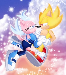 Size: 1700x1920 | Tagged: safe, artist:tvict101, sally acorn, sonic the hedgehog, super sonic, chipmunk, hedgehog, 2022, clouds, duo, female, floating, holding hands, looking at viewer, male, moon, sally x sonic, sally's ringblader outfit, shipping, sparkles, straight, super form, super sally