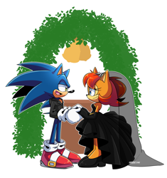 Size: 1590x1691 | Tagged: safe, artist:risziarts, sally acorn, sonic the hedgehog, chipmunk, hedgehog, 2022, bell, clothes, dress, duo, female, looking at each other, male, marriage, sally x sonic, shipping, straight, suit, wedding dress, wedding suit