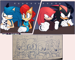 Size: 1668x1336 | Tagged: safe, artist:risziarts, knuckles the echidna, sally acorn, shadow the hedgehog, sonic the hedgehog, chipmunk, echidna, hedgehog, ..., 2026, book, chair, female, holding something, male, quartet, reading, redraw, sally's ringblader outfit, sitting, table