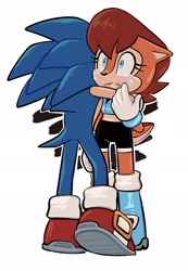 Size: 1414x2048 | Tagged: safe, artist:jadepesky, sally acorn, sonic the hedgehog, chipmunk, hedgehog, 2023, crying, duo, female, hugging, male, sally x sonic, sally's ringblader outfit, shipping, simple background, straight, tears, white background