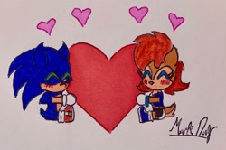 Size: 2048x1359 | Tagged: safe, artist:wanderdragon99, sally acorn, sonic the hedgehog, chipmunk, hedgehog, 2026, artist signature, blushing, duo, female, heart, male, sally x sonic, sally's ringblader outfit, shipping, signature, straight, traditional media