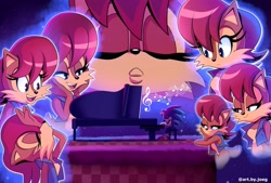 Size: 2000x1350 | Tagged: safe, artist:art-by-joeg02, sally acorn, sonic the hedgehog, chipmunk, hedgehog, green hill zone, 2026, duo, female, looking at them, male, musical notes, piano, playing music, sally x sonic, sally's vest and boots, shipping, star (sky), straight