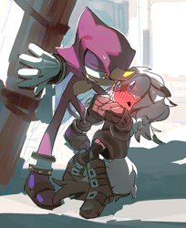 Size: 1164x1427 | Tagged: safe, artist:cham__623, espio the chameleon, oc, 2024, blushing, canon x oc, commission, duo, holding them, lidded eyes, looking at each other, looking at them, shipping, smile, standing, straight