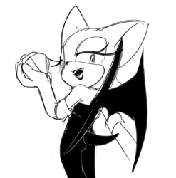 Size: 649x656 | Tagged: safe, artist:cham__623, rouge the bat, 2024, chaos emerald, greyscale, holding something, looking at viewer, monochrome, mouth open, simple background, sketch, smile, solo, standing, white background