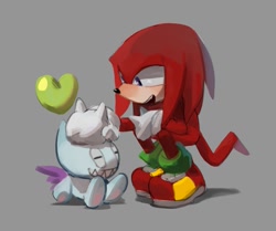 Size: 959x801 | Tagged: safe, artist:cham__623, knuckles the echidna, chao, 2024, crouching, duo, grey background, hand on another's head, heart, looking at them, mouth open, petting, simple background, smile