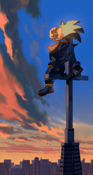 Size: 2048x3808 | Tagged: safe, artist:cham__623, shadow the hedgehog, sonic the hedgehog, 2025, building, city, clouds, duo, outdoors, sitting, skyscraper, smile, standing, star (sky), sunset
