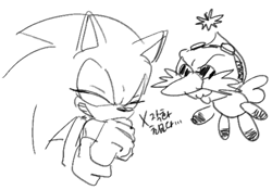 Size: 580x407 | Tagged: safe, artist:cham__623, sonic the hedgehog, chao, 2024, character chao, duo, eggman chao, eyes closed, greyscale, grin, korean text, looking at them, monochrome, simple background, sketch, smile, white background