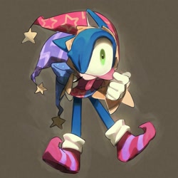 Size: 2000x2000 | Tagged: safe, artist:cham__623, sonic the hedgehog, 2023, akanbe, brown background, hand on own face, jester outfit, jester sonic, looking at viewer, simple background, solo, star (symbol), tongue out