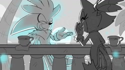 Size: 1200x675 | Tagged: safe, artist:twincubcakes, blaze the cat, silver the hedgehog, cat, hedgehog, 2025, cup, daytime, drink, duo, female, greyscale, laughing, male, shipping, silvaze, straight, talking, tea, watermark