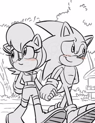 Size: 2550x3300 | Tagged: safe, artist:twincubcakes, sally acorn, sonic the hedgehog, chipmunk, hedgehog, 2025, blushing, duo, female, greyscale, holding hands, knothole, male, sally x sonic, sally's ringblader outfit, shipping, straight, walking, watermark